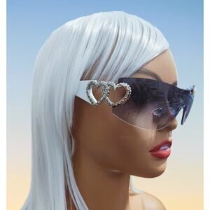 Sunglasses Women White Rectangle Rimless Wrap Around Blue Tinted Fashion